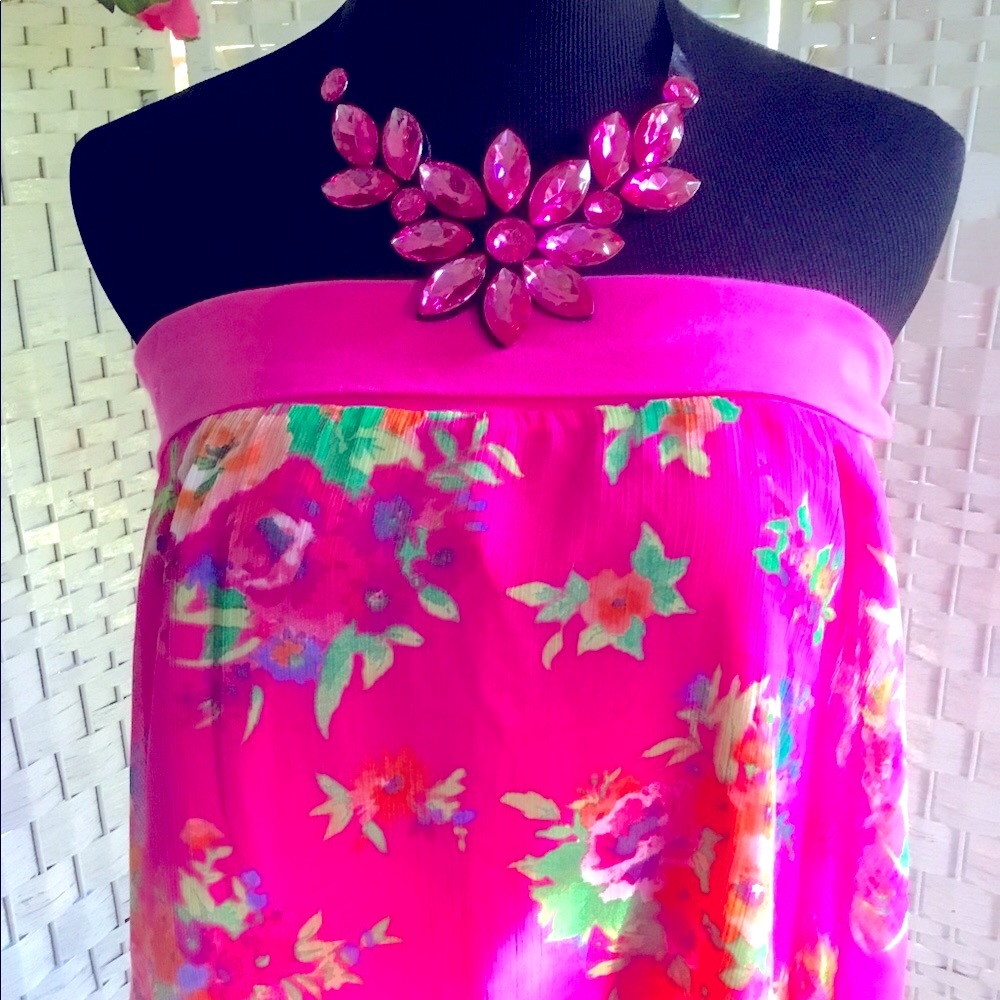 Pink Rhinestone Floral Statement Necklace Flower Crystal Bib